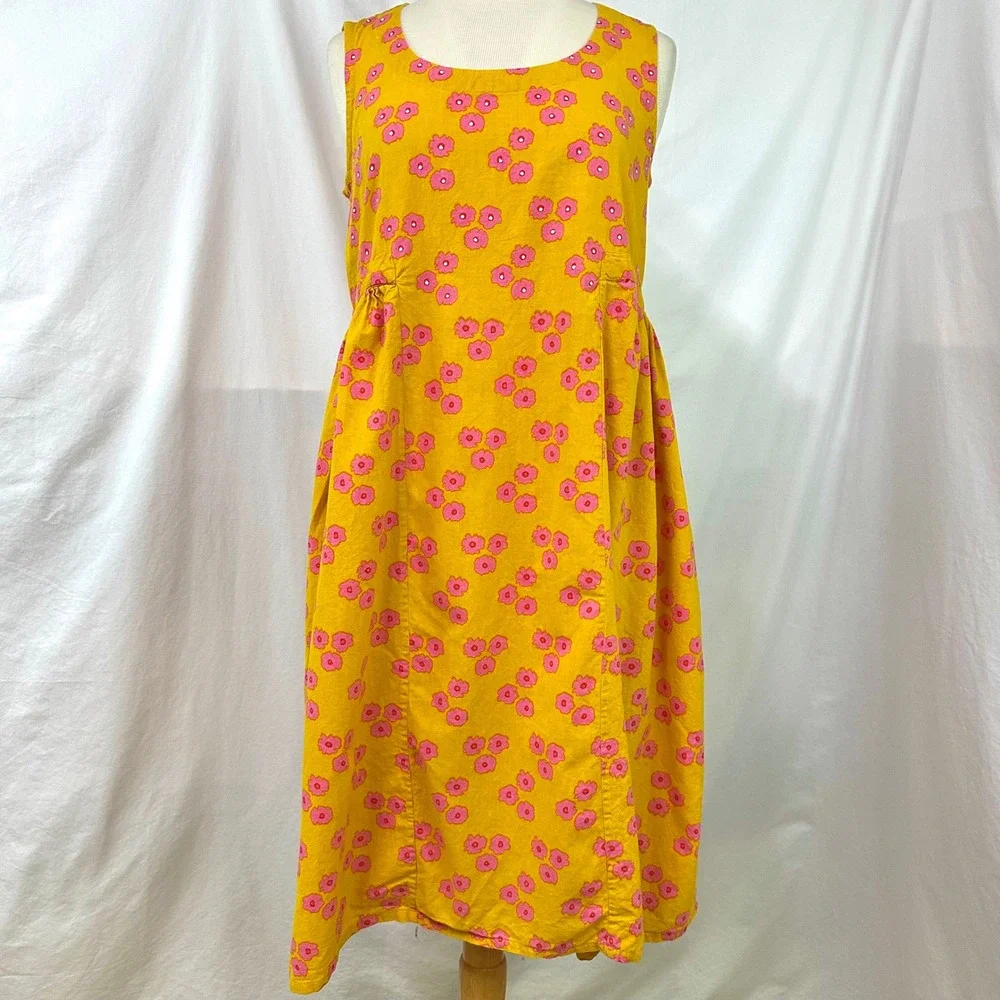 MATA TRADERS Yellow Pink Floral 100% Cotton Pinafore Jumper Shift Dress M Boho